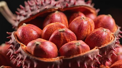 A vibrant closeup reveals the intriguing interior of a spiky exotic tropical fruit showcasing its numerous reddish seedlike segments arranged beautifully within its unique shell highlighting natural .