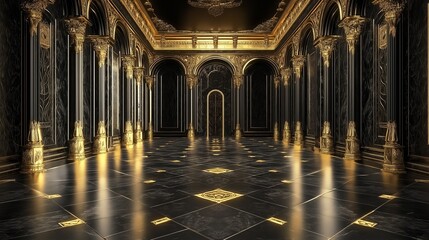 Naklejka premium Elegant black palace hall with golden details and marble flooring