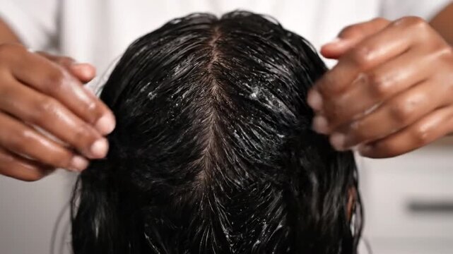 Close-up of hands massaging nourishing oil into dark wet hair scalp promoting healthy growth and shine in soft natural light