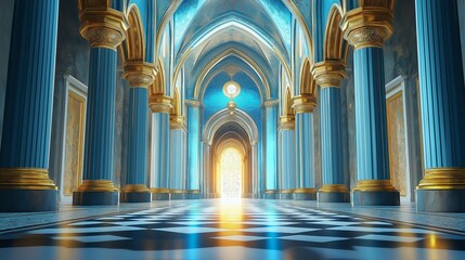 Naklejka premium Blue palace grand hall featuring ornate columns and intricate architectural details
