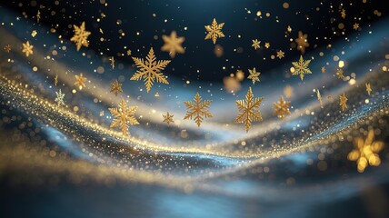 Golden snowflakes gently cascade against a serene blue backdrop with glittering light particles, creating a magical scene