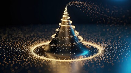 Swirling golden particles illuminate a dark cone shape in a mesmerizing glowing circular pattern