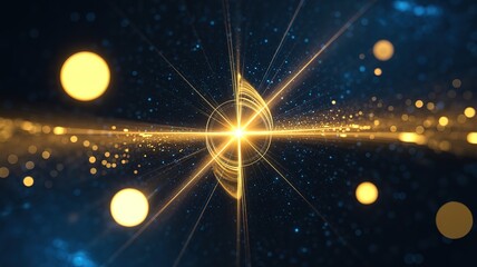 Bright golden light beams emanate from a central radiant burst on dark backdrop