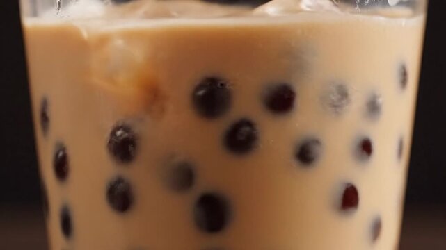 Delicious bubble tea with tapioca pearls and ice, close-up food video for social media or content