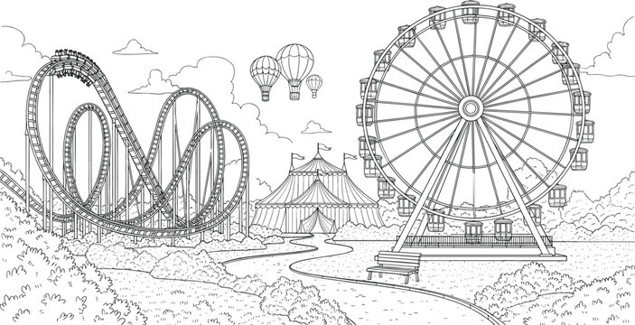 Detailed Black and White Line Art Vector of an Amusement Park with Roller Coaster, Ferris Wheel, and Circus Tent for Fun and Entertainment Design