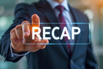 2024 Recap economy, business, financial concept. Businessman touching on RECAP text on virtual screen. Recap business, past performance for strategic planning, business improvement and development.