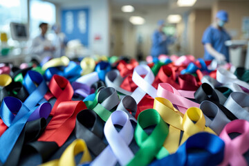 Fototapeta premium Colored ribbons symbol of fight disease, World Cancer Day and Support Sick People AI Generative
