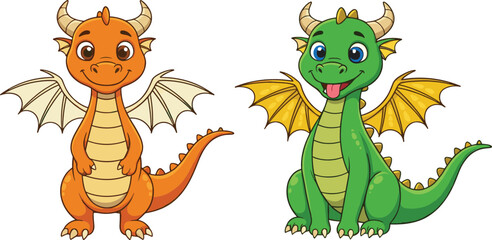 Cute orange and green baby dragons with wings and horns, adorable cartoon fantasy creatures perfect for kids artwork and designs