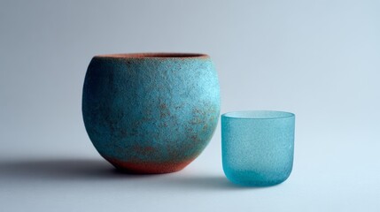 Turquoise ceramic vase and frosted blue glass cup on neutral studio background, minimalist still life. AI generative