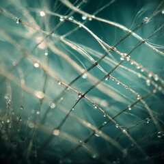 Macro of dew droplets on delicate spiderweb strands with teal bokeh background and soft light. AI generative