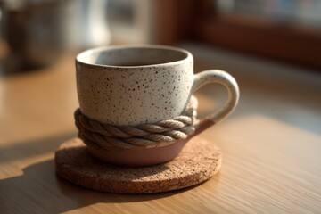 Speckled ceramic coffee mug with rope wrap on cork coaster on wooden table in warm sunlight, shallow depth of field. AI generative