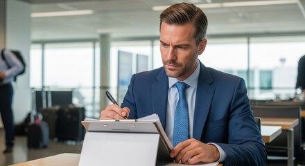 Fototapeta premium Focused businessman writing on a clipboard while waiting in a modern airport lounge.