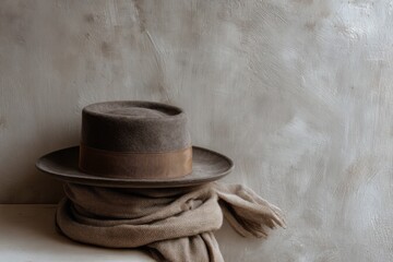 Brown felt fedora hat resting on beige scarf on wooden surface against textured plaster wall, minimalist fashion still life in soft light. AI generative