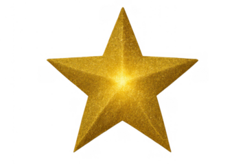 Gold textured star glowing with central light, isolated on a transparent background, symbolizing quality, celebration, and victory