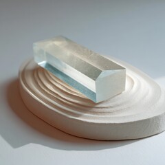 Transparent glass prism on textured white plaster pedestal in soft studio light, minimalist abstract still life, close perspective. AI generative