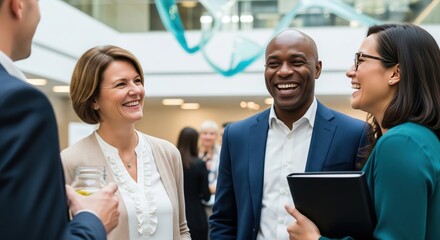 Diverse business professionals laughing candidly during a networking event in a modern office lobby.