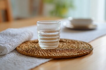 Textured clear glass tumbler with water on woven rattan coaster on wooden table in soft daylight, cozy minimalist home setting. AI generative