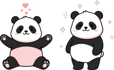 Cute panda characters sitting and standing with hearts and sparkles in adorable kawaii style cartoon vector illustration