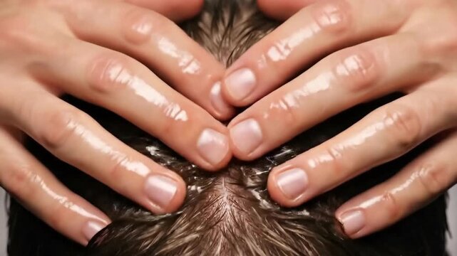 Close up Top View of Dark Brown Hair Scalp Being Massaged with Oil for Deep Conditioning and Hair Growth Treatment with Natural Lighting