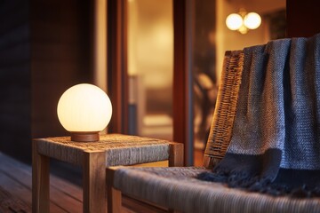 Glowing globe lamp on wooden side table beside wicker chair with blanket, warm evening patio ambiance and bokeh background. AI generative