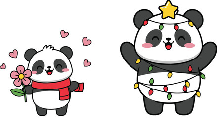 Cute panda characters with flower, hearts, scarf, and Christmas lights in adorable festive kawaii style vector illustration