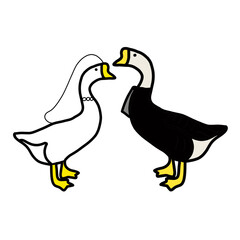 Goose Groom and Bride Wedding Black suit marry animal natural hand drawn
