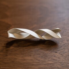 Twisted white paper ribbon on wooden table, minimalist still life. AI generative