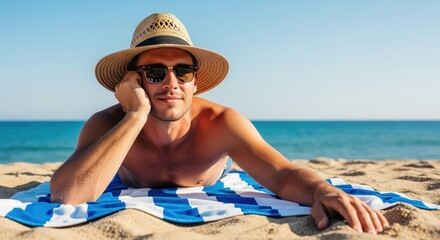 Handsome young man relaxing on the beach wearing a straw sun hat and sunglasses
