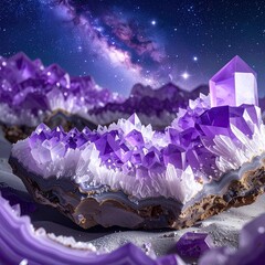 Purple crystals, landscape under starry night sky