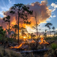 Sunset over a controlled burn in a pine forest