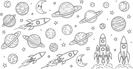 Collection of Hand- Drawn Space Icons Including Planets, Rockets, and UF Os on White Background vector