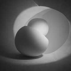 Monochrome Abstract Egg Shaped Sculptures in Curved Architectural Light. AI generative