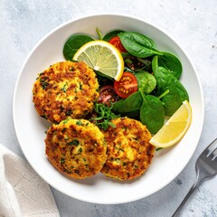 Three golden-brown, round patties on a white plate with a side of mixed greens and tomatoes, garnished with lemon wedges