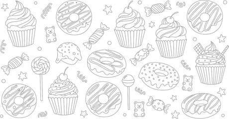 Group of Hand Drawn Cupcake and Dessert Icons on White Background sweets symbols