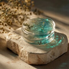 Glass Petri Dishes with Botanical Serum on Stone Pedestal in Warm Sunlight. AI generative
