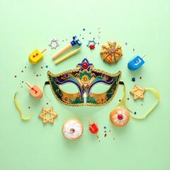 Festive Hanukkah celebration laid out on pastel green background.  Ornate mask, dreidels, gelt, cookies, and ribbons arranged in a circular pattern