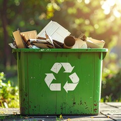 Overfilled green recycling bin outdoors