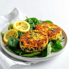 Two golden-brown, crumb-coated patties on a bed of spinach, garnished with lemon slices