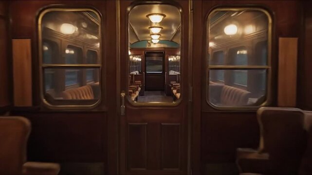 Luxurious vintage interior of train wagon with comfort seats. Cabin of retro railway steam locomotive. Generative AI