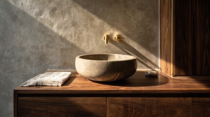 Modern Bathroom Interior with Stone Bowl Sink on Wooden Vanity in Sunlight. AI generative