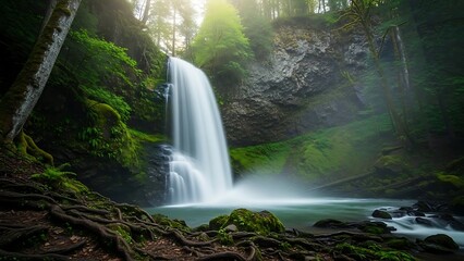 A natural green forest landscape with a flowing river cascade over mossy rocks in a Thailand jungle park