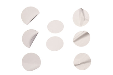 Round white stickers, blank tags labels isolated on a white background.