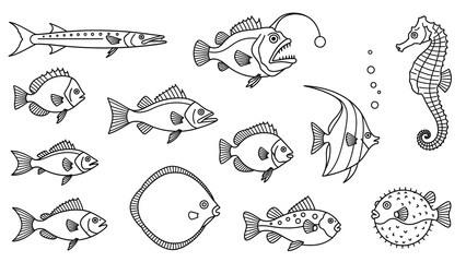 Seamless pattern vector illustration of sea animal set with cartoon fish, shark, and marine symbols