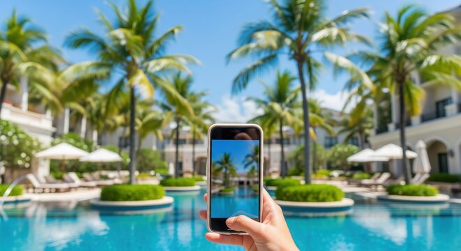 Hand holding a smartphone taking a picture of a luxurious tropical resort swimming pool with palm trees.