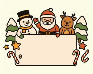 Funny vector cartoon illustration of Santa Claus and reindeer on a blank Christmas card banner with a holiday frame design
