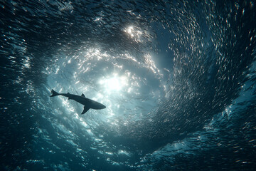 Naklejka premium Shark among fish in the sun's rays, view from below.