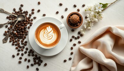 Morning delight a cup of art with roasted beans and blossoms, perfect for cafe menus, hospitality, and lifestyle content