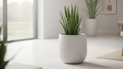 Snake plant in a white pot near a large window, bringing fresh green elements to interior design and home decor. Natural indoor plant.