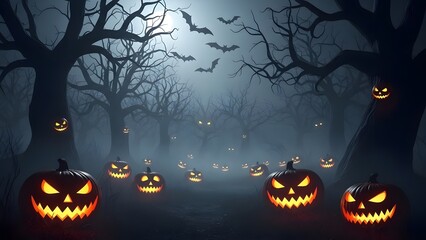 Halloween night background with scary pumpkin, bats, and tree silhouettes in dark orange and black vector design