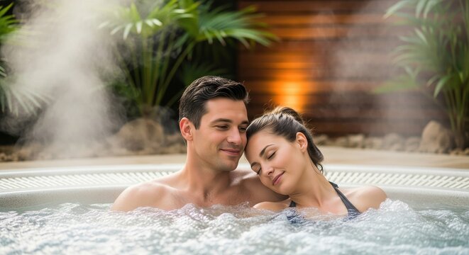 Happy couple relaxing and enjoying hydrotherapy in a steaming hot tub at a spa resort.